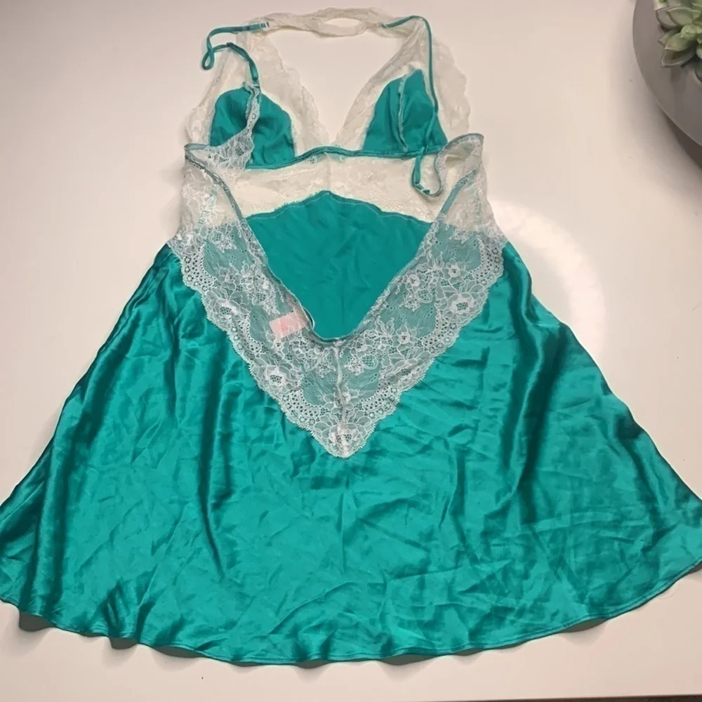 Vintage Victoria Secret aquamarine green white lace nightingale mini slip dress